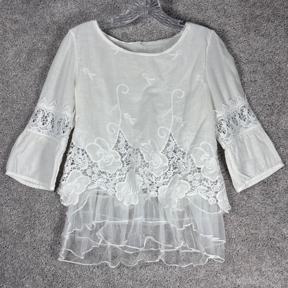 Womens White Embroidered Lace Ruffle Tulle Bell‎ Sleeve Top Size M